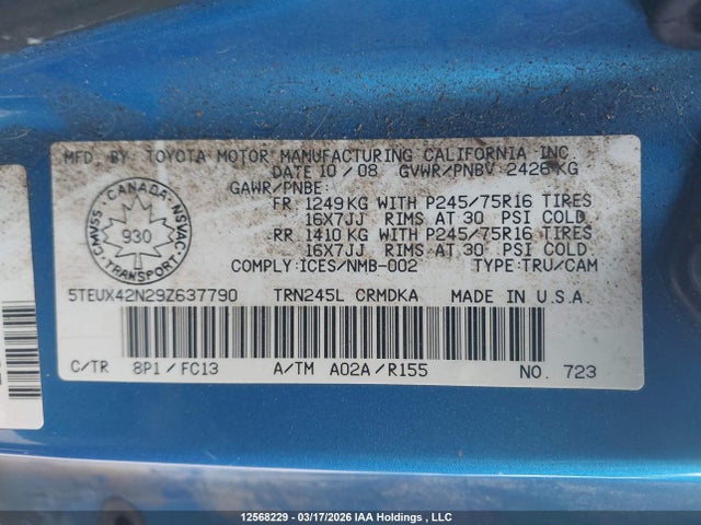 12568229 :رقم المزاد ، 5TEUX42N29Z637790 vin ، 2009 Toyota Tacoma Access Cab مزاد بيع