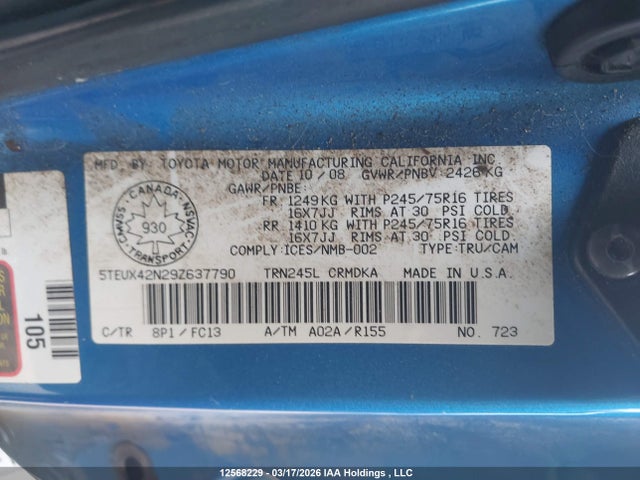 12568229 :رقم المزاد ، 5TEUX42N29Z637790 vin ، 2009 Toyota Tacoma Access Cab مزاد بيع
