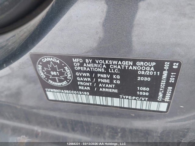 12568231 :رقم المزاد ، 1VWBH7A35CC013183 vin ، 2012 Volkswagen Passat Se مزاد بيع