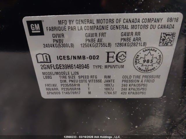 Продажа на аукционе авто 2017 Chevrolet Equinox Premier, vin: 2GNFLGE39H6148946, номер лота: 12568233