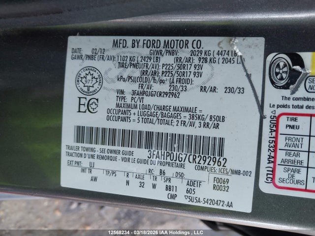 12568234 :رقم المزاد ، 3FAHP0JG7CR292962 vin ، 2012 Ford Fusion Sel مزاد بيع