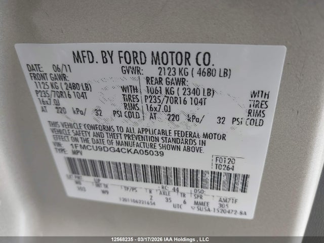 Aukcja sprzedaży 2012 Ford Escape Xlt, vin: 1FMCU9DG4CKA05039, numer aukcji: 12568235