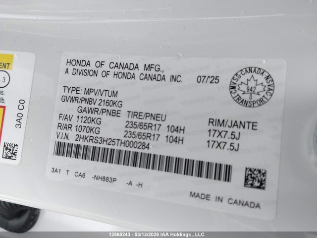 12568243 :رقم المزاد ، 2HKRS3H25TH000284 vin ، 2026 Honda Cr-v Lx مزاد بيع