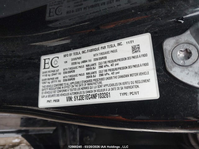 Продажа на аукционе авто 2022 Tesla Model 3 Performance, vin: 5YJ3E1EC4NF103261, номер лота: 12568245