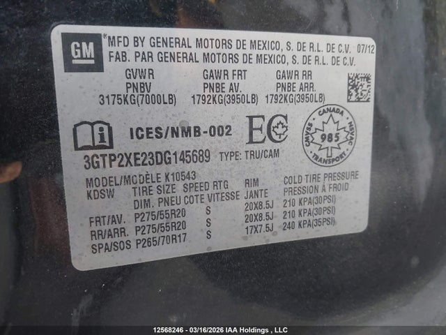 Aukcja sprzedaży 2013 Gmc Sierra 1500 Denali, vin: 3GTP2XE23DG145689, numer aukcji: 12568246