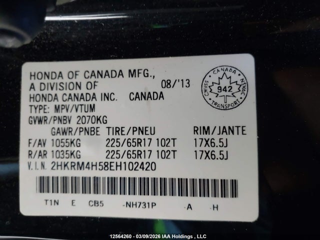 Aukcja sprzedaży 2014 Honda Cr-v Ex, vin: 2HKRM4H58EH102420, numer aukcji: 12564260