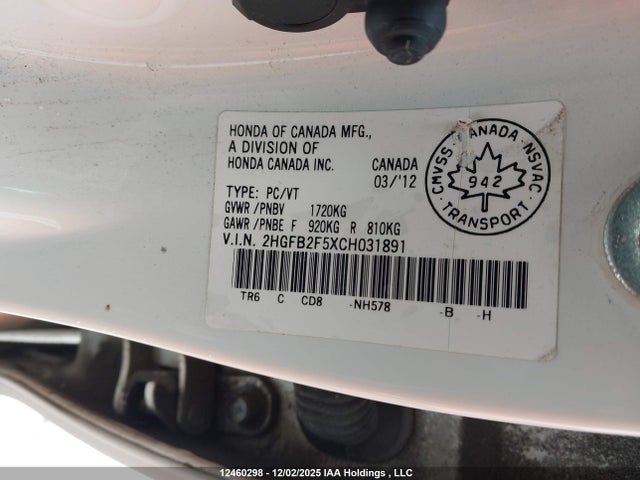 Aukcja sprzedaży 2012 Honda Civic Ex, vin: 2HGFB2F5XCH031891, numer aukcji: 12460298