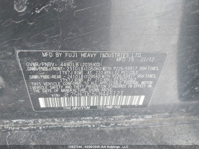 Aukcja sprzedaży 2012 Subaru Forester 2.5x Limited Package, vin: JF2SHCDC5CH445123, numer aukcji: 12537244