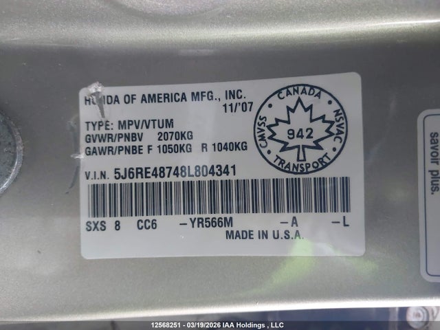 12568251 :رقم المزاد ، 5J6RE48748L804341 vin ، 2008 Honda Cr-v Exl مزاد بيع