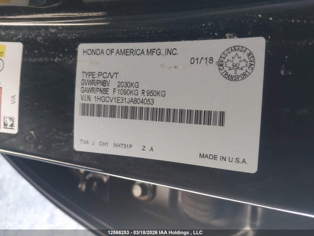 12568253 :رقم المزاد ، 1HGCV1E31JA804053 vin ، 2018 Honda Accord Sport مزاد بيع