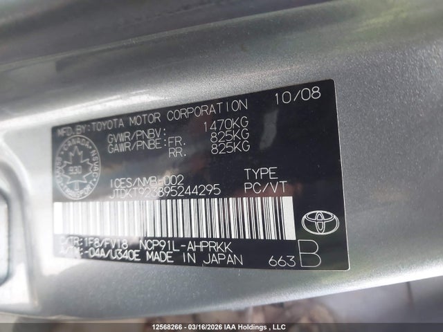 Aukcja sprzedaży 2009 Toyota Yaris, vin: JTDKT923895244295, numer aukcji: 12568266