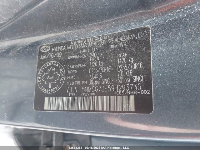 12568268 :رقم المزاد ، 5NMSG73E59H293735 vin ، 2009 Hyundai Santa Fe Gl مزاد بيع