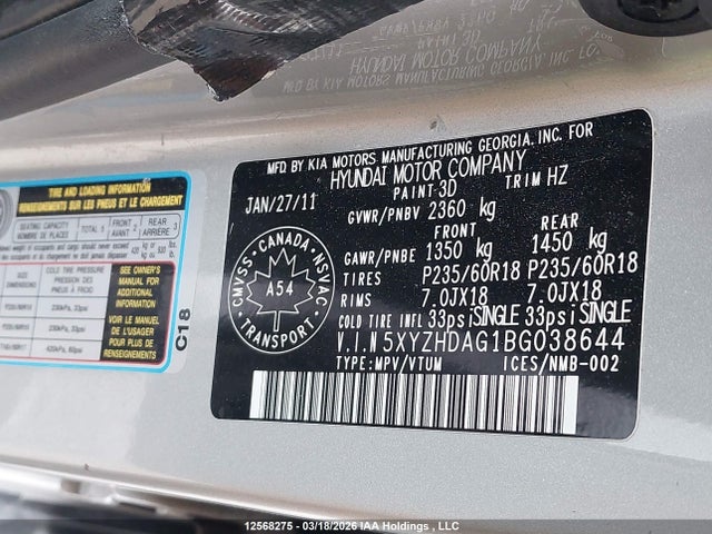 2011 Hyundai Santa Fe მანქანა იყიდება აუქციონზე, vin: 5XYZHDAG1BG038644, აუქციონის ნომერი: 12568275