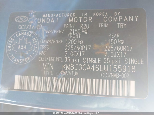 12568276 :رقم المزاد ، KM8J3CA46LU155918 vin ، 2020 Hyundai Tucson مزاد بيع