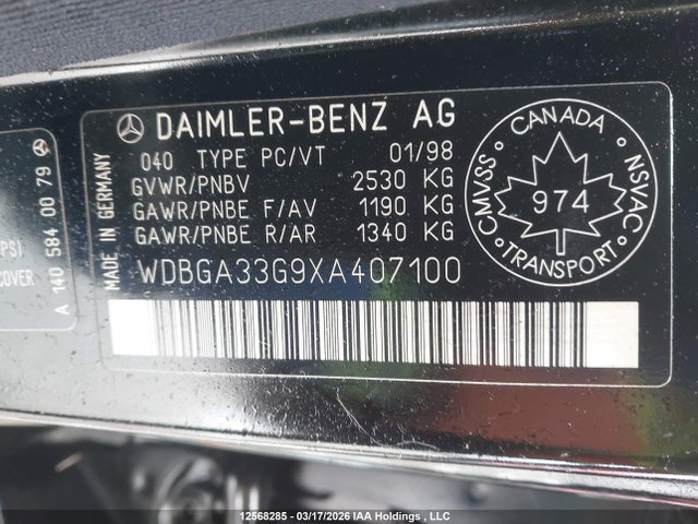 Продаж на аукціоні авто 1999 Mercedes-benz S 320, vin: WDBGA33G9XA407100, номер лоту: 12568285