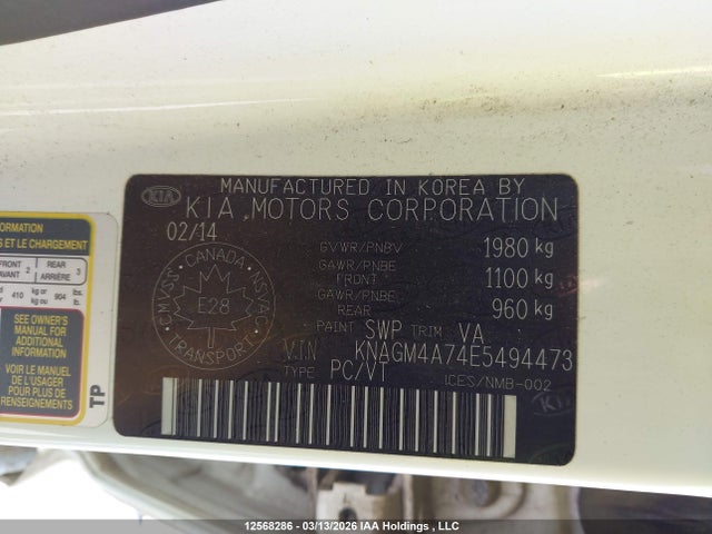 12568286 :رقم المزاد ، KNAGM4A74E5494473 vin ، 2014 Kia Optima Lx مزاد بيع