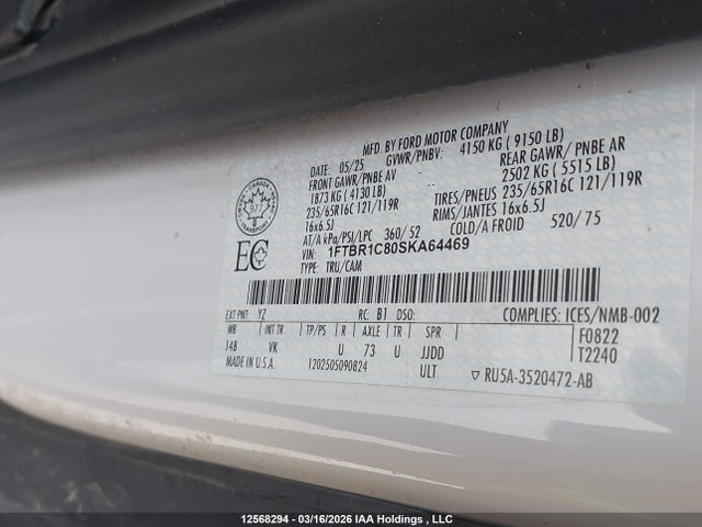 Aukcja sprzedaży 2025 Ford Transit T-250, vin: 1FTBR1C80SKA64469, numer aukcji: 12568294