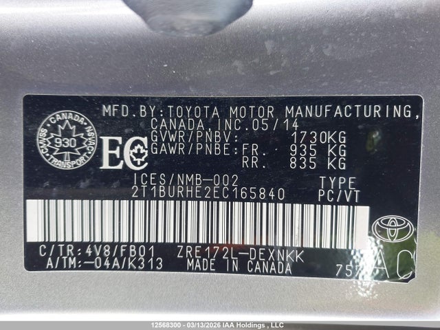 2T1BURHE2EC165840 Toyota COROLLA LE