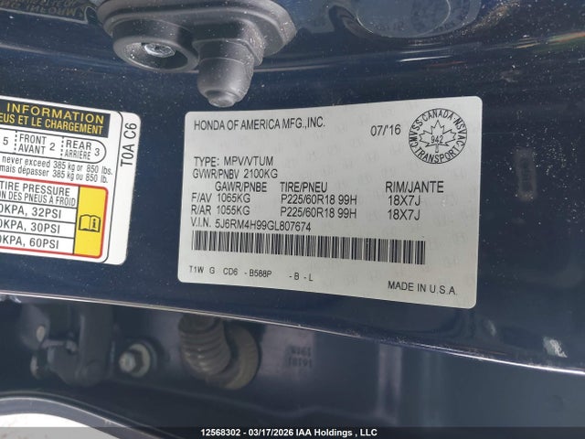 Aukcja sprzedaży 2016 Honda Cr-v Touring, vin: 5J6RM4H99GL807674, numer aukcji: 12568302