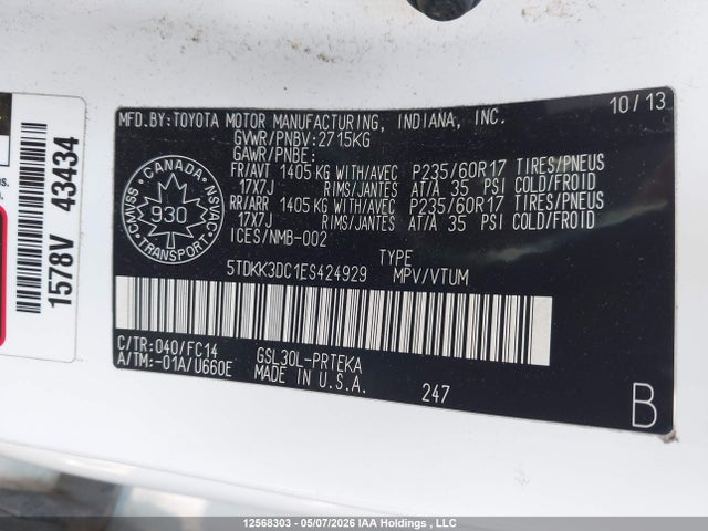Aukcja sprzedaży 2014 Toyota Sienna Le V6, vin: 5TDKK3DC1ES424929, numer aukcji: 12568303