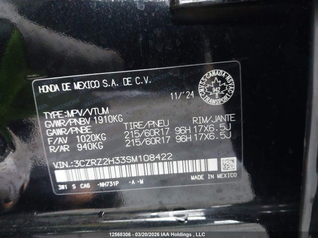 3CZRZ2H33SM108422 Honda Hr-v Lx Awd
