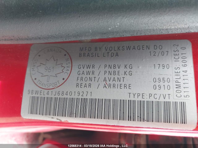 12568314 :رقم المزاد ، 9BWEL41J684019271 vin ، 2008 Volkswagen City Golf 2.0l مزاد بيع