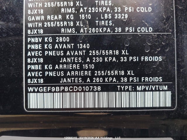 12568315 :رقم المزاد ، WVGEF9BP8CD010738 vin ، 2012 Volkswagen Touareg 3.6l Comfortline/3.6l Execline/3.6l Highline مزاد بيع
