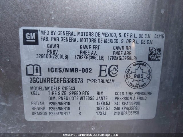 3GCUKREC8FG338673 Chevrolet Silverado K1500 Lt
