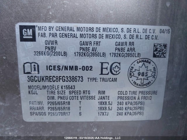 3GCUKREC8FG338673 Chevrolet Silverado K1500 Lt
