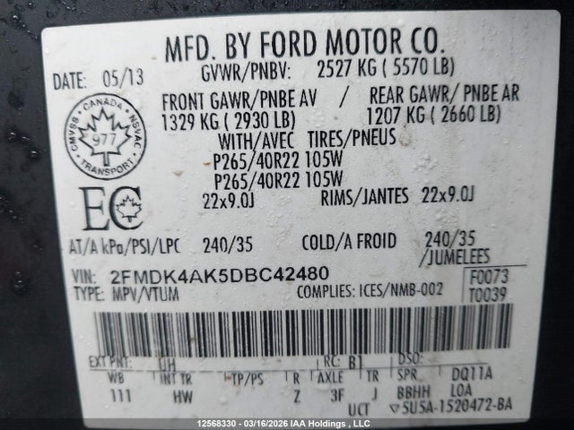 Продаж на аукціоні авто 2013 Ford Edge Sport, vin: 2FMDK4AK5DBC42480, номер лоту: 12568330