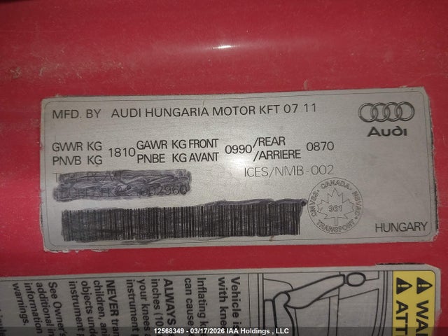 12568349 :رقم المزاد ، TRUAF38JX91016284 vin ، 2009 Audi Tt 2.0t مزاد بيع