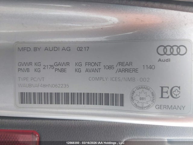 12568350 :رقم المزاد ، WAUBNAF48HN062235 vin ، 2017 Audi A4 2.0t Progressiv مزاد بيع