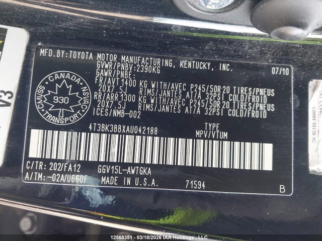 12568351 :رقم المزاد ، 4T3BK3BBXAU042188 vin ، 2010 Toyota Venza Base V6 مزاد بيع