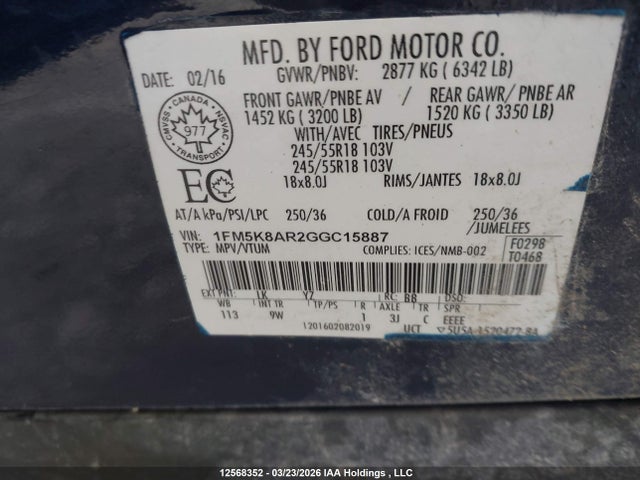 12568352 :رقم المزاد ، 1FM5K8AR2GGC15887 vin ، 2016 Ford Utility Police Interceptor مزاد بيع