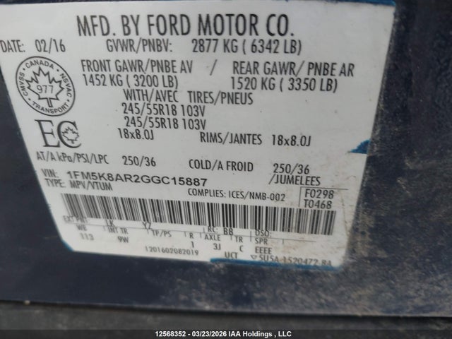 12568352 :رقم المزاد ، 1FM5K8AR2GGC15887 vin ، 2016 Ford Utility Police Interceptor مزاد بيع
