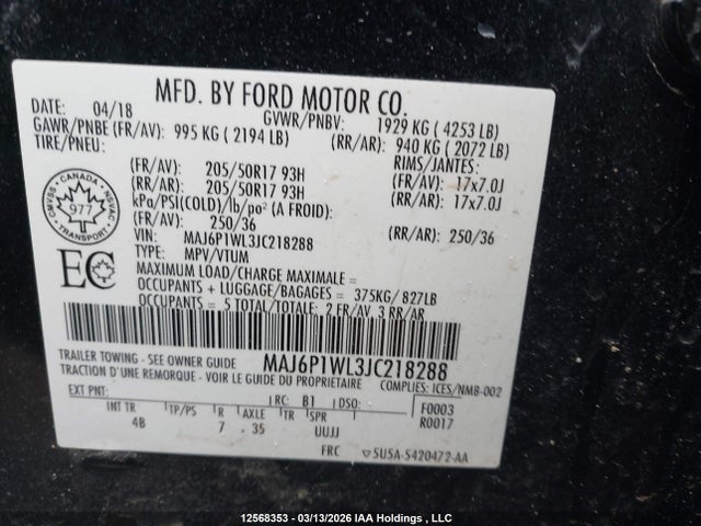 MAJ6P1WL3JC218288 Ford Ecosport Titanium
