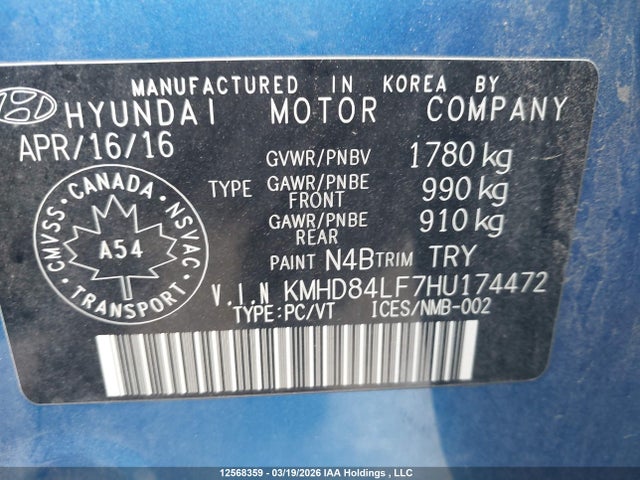 KMHD84LF7HU174472 Hyundai ELANTRA GL