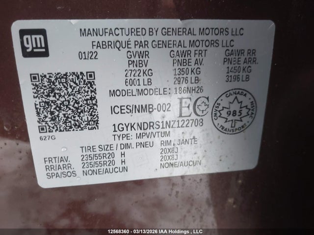 1GYKNDRS1NZ122708 Cadillac Xt5 Premium Luxury