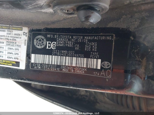 Aukcja sprzedaży 2009 Toyota Corolla S, vin: 2T1BU40E39C099755, numer aukcji: 12568374