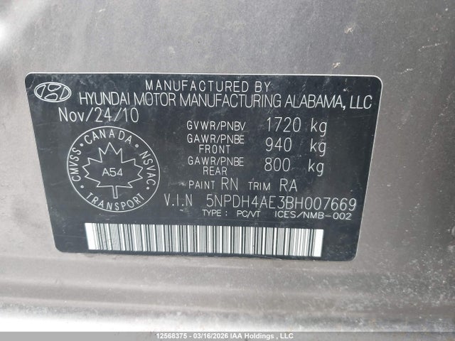 12568375 :رقم المزاد ، 5NPDH4AE3BH007669 vin ، 2011 Hyundai Elantra Gls مزاد بيع