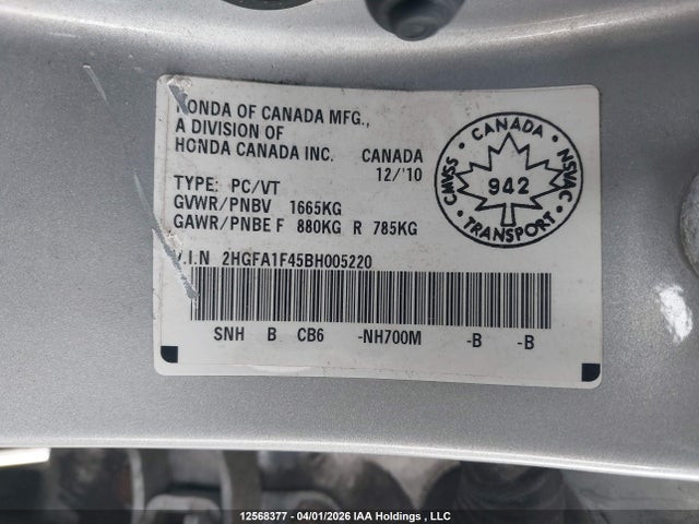 2011 Honda Civic Dx-g მანქანა იყიდება აუქციონზე, vin: 2HGFA1F45BH005220, აუქციონის ნომერი: 12568377