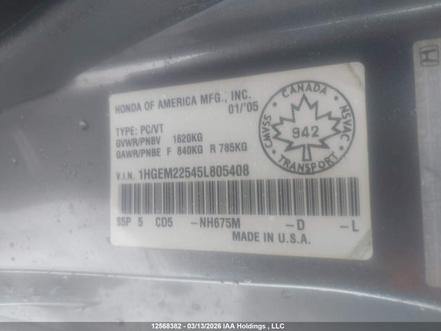 12568382 :رقم المزاد ، 1HGEM22545L805408 vin ، 2005 Honda Civic Lx مزاد بيع