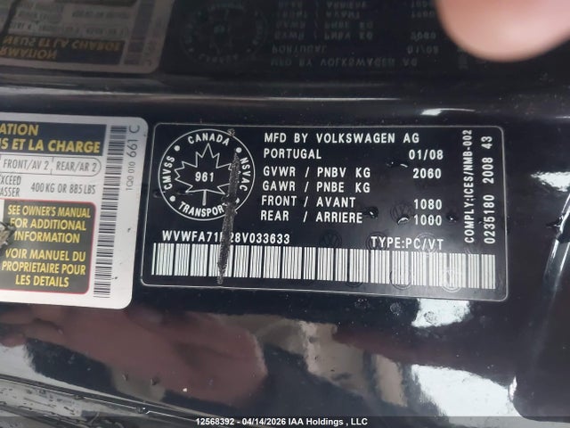 Продаж на аукціоні авто 2008 Volkswagen Eos Lux, vin: WVWFA71F28V033633, номер лоту: 12568392