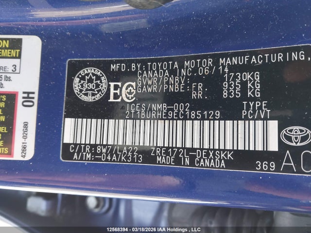 12568394 :رقم المزاد ، 2T1BURHE9EC185129 vin ، 2014 Toyota Corolla S مزاد بيع