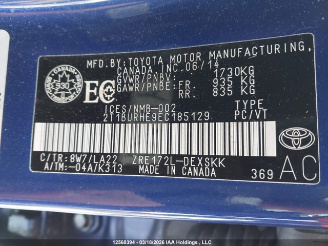 12568394 :رقم المزاد ، 2T1BURHE9EC185129 vin ، 2014 Toyota Corolla S مزاد بيع