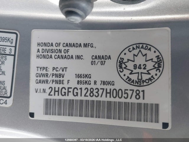 Продажа на аукционе авто 2007 Honda Civic Ex, vin: 2HGFG12837H005781, номер лота: 12568397