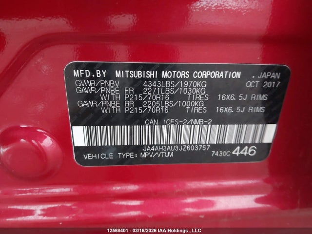 JA4AH3AU3JZ603757 Mitsubishi Rvr Es/se
