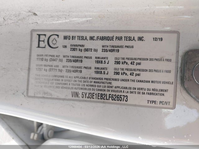 Aukcja sprzedaży 2020 Tesla Model 3 Long Range, vin: 5YJ3E1EB2LF626573, numer aukcji: 12568404
