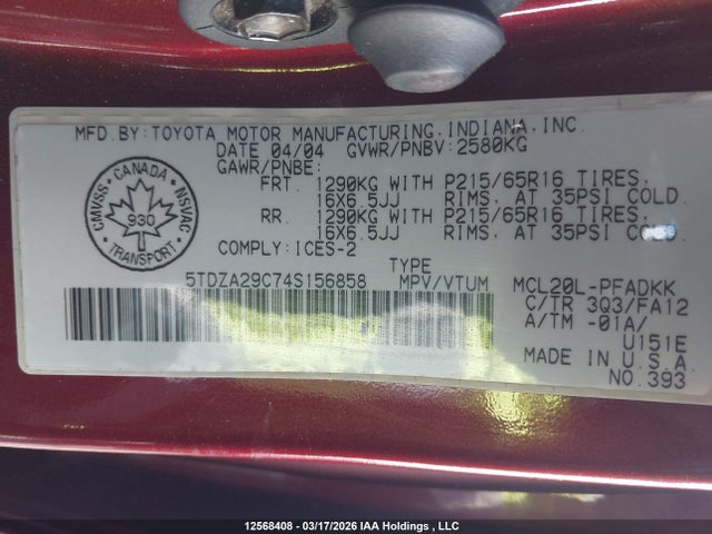 Aukcja sprzedaży 2004 Toyota Sienna Ce, vin: 5TDZA29C74S156858, numer aukcji: 12568408