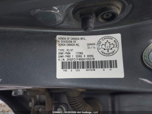 Продаж на аукціоні авто 2016 Honda Civic Ex-t, vin: 2HGFC1F49GH105578, номер лоту: 12568412